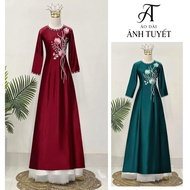 Mother's ao dai, ruby silk ao dai with lotus embellishments, size S- 4XL