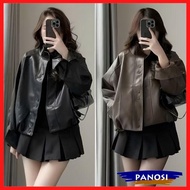 Women's leatherJacket designed with wide form, elastic waistband, double buttons, youthful personali