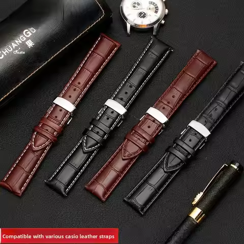 Genuine Leather Strap for Casio Watches BEM-501, MDV-106, EFB-530, EFS-S500 Duro, Universal Men's Re