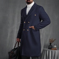 Men's Notched Collar Double-Breasted Casual Wool Blend Jacket Navy Blue Men Outfit Men Coat Suit Men