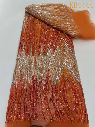 Burnt Orange Beaded Lace Fabric Luxury Lace Fabric High Quality 2025 Purple Gold Beaded Lace Fabrics