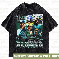 HITAM F1 Fernando Alonso T-Shirt Oversized Vintage Wash Vintage Style T-Shirt Unisex Black Basic Bla
