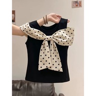 Zhuoze Net French Black Polka Dot Cotton Bow Top