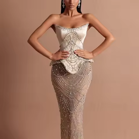 Shiny Champagne Prom Dresses Strapless Sheath Dress For Bride Wedding Party 2025 Birthday Gowns Nigh