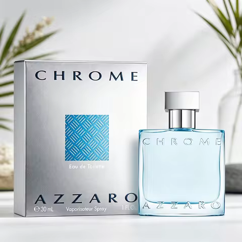Azzaro Chrome Men Eau De Toilette Long Lasting Fresh Aquatic Citrus Scent Light Blue Transparent Squ