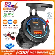 4 Port 12V/24V Car Charger PD QC 3.0 USB with Voltmeter Socket Power Outlet Adapter Waterproof for C