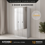 KitchenZ 3FT 3 Door Mirror Wardrobe with 6 Compartment Shelves & Hanging Rod - 6041/6043/6941