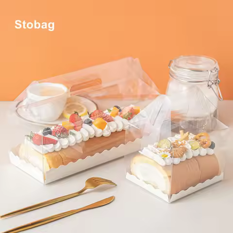StoBag 5pcs Swiss Roll Cake Box Packaging Beard Transparent Hand Towel Roll Mousse Wholesale Birthda