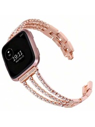 1 件玫瑰金女式三排鏈條裝飾鋅合金錶帶,帶水鑽裝飾,時尚個性化(僅錶帶,不含手錶)兼容 Fitbit Versa 4/versa 3/sense2/sense