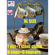 1164【READY STOCK 】15pcs Ceramics Tea/Coffee Pot+6cups+6saucers+Steel Stand Coffee cups set Cup with 