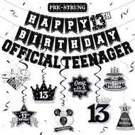 13th Birthday Decorations for Boys Girls Black White, Pre-Strung Official Teenager Happy 13th Birthd