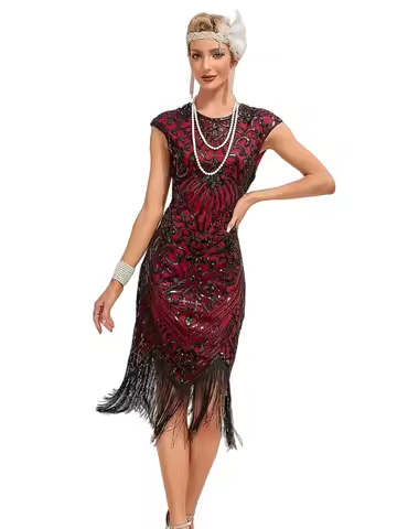 Women's Cap Sleeve Flapper Dresses 1920s Great Gatsby Dresses Sequin Fringed Roaring 20s Party Cockt