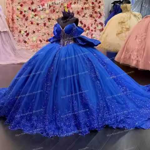 Customized Quinceanera Dresses Royal Blue Beaded Vestidos De 15 Años Mexican Bow Lace Appliqued Wome