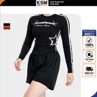 KSM Women's Long-Sleeved Round-Neck Crotop T-Shirt with 2-Stripes Printed Pattern, Dynamic Personali