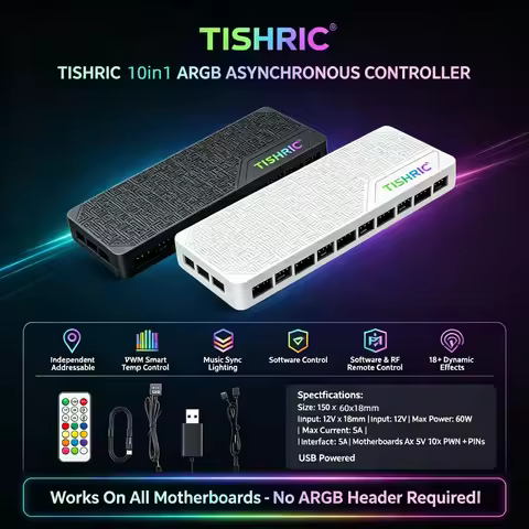 TISHRIC ARGB Hub 5V 3/4PIN PWM Fan Controller Synchronized 1 To 9 10 Ports PC Cooling Fan Hub Splitt