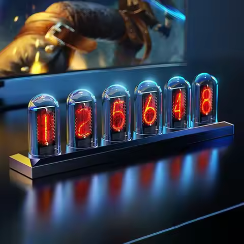USB Powered RGB Nixie Tube Clock with IPS Color Screen, Corded Electric Aluminum Oval Alarm Clock wi