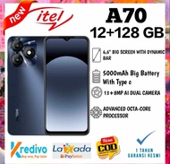 infinix itel A70 Ram 12 +128 GB, layar 6,6 inci charger tipe C  ,GARANSI RESMI 1 TAHUN TERDAFTAR KEM