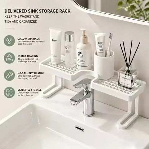 1 PCS of 19.68-Inch Large-Sized Faucet Storage Rack No Punching Sink Storage Rack Bathroom Washbasin