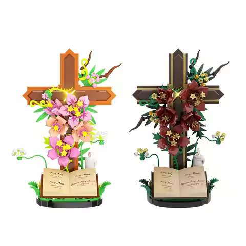 MOC Christianity Crimson Prayer Cross Flower Building Blocks Sacred Bible Tulip Flowers Bouquet Bric