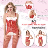 MERAH Women's Lingerie Body Stocking Red Mesh Christmas Edition Bs21