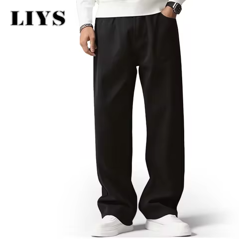 Spring Men's Baggy Straight Jeans Cotton Soft Drape Business Casual Trousers Classic Daily Pure Blac