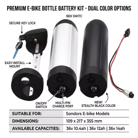 Water Bottle Sondors E-bike Battery 36V 10.4AH 12.8AH for 10S4P Electric bicycle with 2A charger