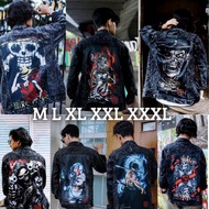 Jaket Jeans Printing Pria Size M-XXXL Denim Hitam Sandwash Kulit Cowok Panjang High Jepang Motif Nya