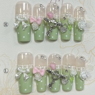 Y2K Vintage Gyaru French Lace Long Handmade Press On Nails Bow Pearl Polka Dot Clover Fake Nails Cut