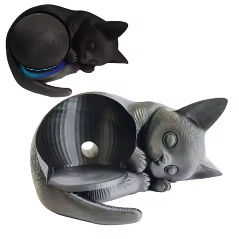 3D Printed Cat Shape Stand Holder for Echo Dot 5th Gen, Black PLA+ Desktop Organizer for Echo Dot 5