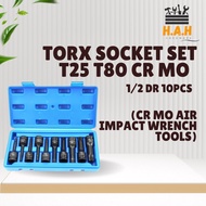 1/2 Dr 10 Pcs Torx Socket Set T25 T80 CR MO Heavy Duty CR MO Air Impact Wrench Tools (M)