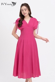 Đầm lụa cổ V tay rút nhúm IVY moda MS 48M8274