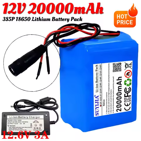12V 20Ah 18650 Lithium Battery Pack 3S5P Rechargeable Battery with BMS 12.6v Charger for Fishing Bic