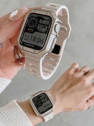 2入組適用於 Apple Watch Ultra2/1/S9/S8/S7/S6/S5/S4/S3/S2/1 系列的矽膠運動手錶帶（淺杏色）+空心銀色 TPU 護罩（49mm / 45mm / 44mm / 42mm / 41mm / 40mm / 38mm），男女皆適用的手錶替換帶和保護殼，適合手腕，手錶保護套裝（不含手錶）
