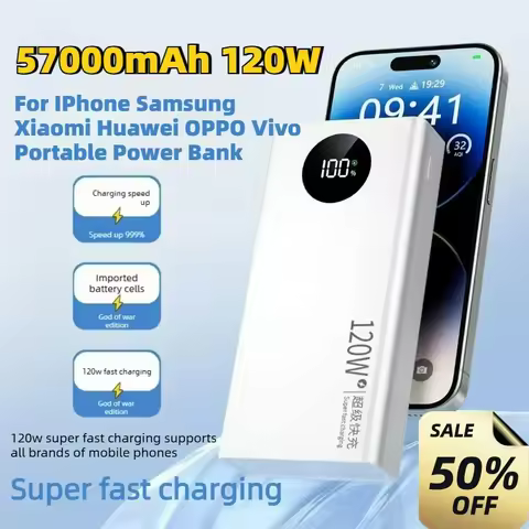 High-Capacity Upgrade 57000mAh 120W Power Bank for IPhone Samsung Xiaomi Huawei OPPO Vivo Portable P