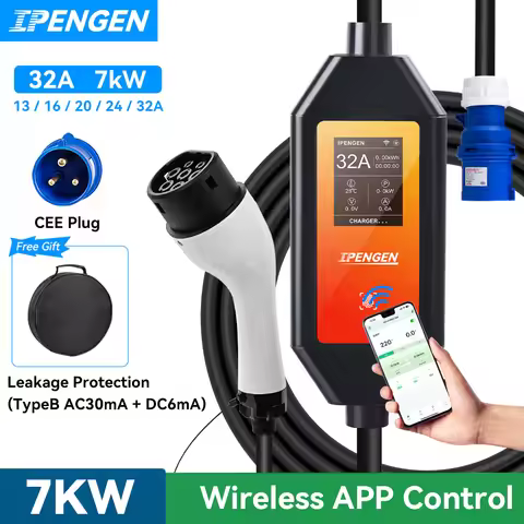 IPENGEN 32A 7KW Type2 Type1 EV Charger Portable GB/T Electric Vehicle Charger 1 Phase EVSE Charging 