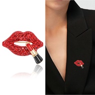 Pin Bros Bibir Merah, Bros Gincu Kristal, Bros Berlian Imitasi, Perhiasan Fesyen