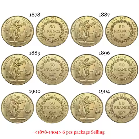 France 1878 - 1900 50 Francs 6 Pcs Third Republic Liberte Gold Brass Metal Copy Commemorative Coin W