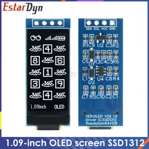 1.09 Inch OLED Display Module 128x64 White SSD1312 I2C, 4 Pin Interface for Arduino Raspberry Pi, Lo