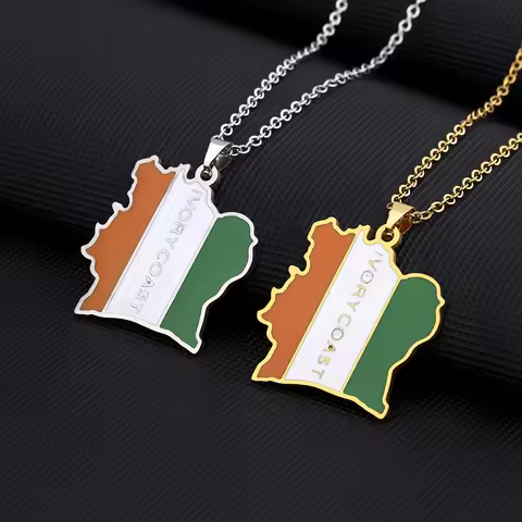 African Côte d'Ivoire Map Flag Pendant Necklace Stainless Steel Men Women Ivory Coast Map Jewelry Gi