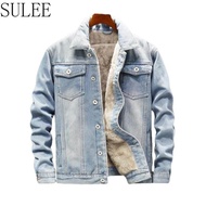 [SULEE] jacket for men Men Light Blue Winter Jean Jackets Outerwear Warm Denim Coats New Men Wool Liner Thicker Denim Jackets