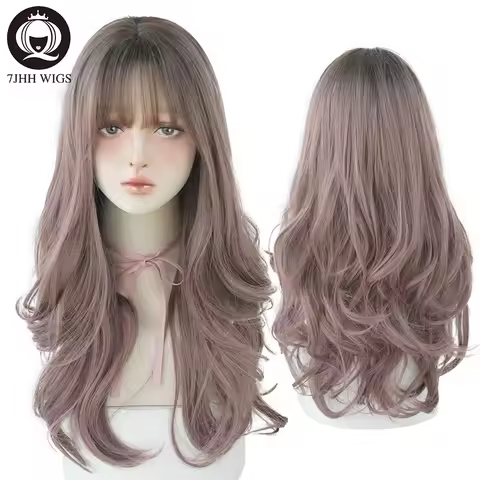 7JHH Fashion Ombre Brown Black Deep Wave Long Hair With Bangs Synthetic Wigs For Women Christmas Hea