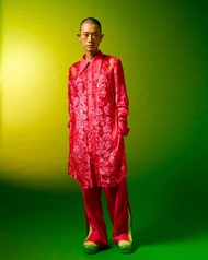 桃紅植絨花雪紡長版襯衫