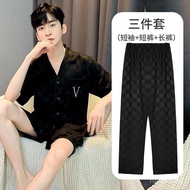 【Ensure quality】Summer New Men's Ice Silk Pajamas Short-Sleeved Thin Loose plus Size Three-Piece Suit Men's Trousers Hig
