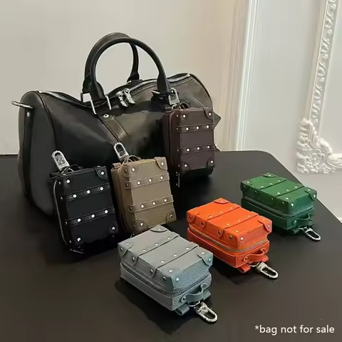 Cowhide Mini Bag Design Mini Suitcase earphone Bag Lipstick Bag Small Silver Ball Adjustable Chain B