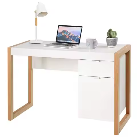 Wooden Home Office Desk with Drawer amp Cabinet, PC Laptop Workstation Study Writing Desk, Ideal for