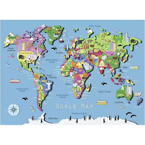 Jigsaw Puzzle 500 1000 1200 2000pcs Detailed World Map With Famous Buildings And Animals For Adults 