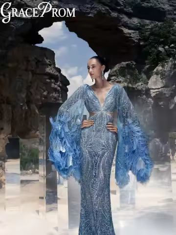 Opulent Crystal Beading Evening Dress Sky Blue Feathers Mermaid Long Red Carpet Gowns Customized Fla