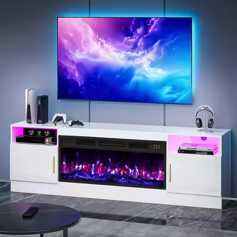 TV Stand with Fireplace, 70 Inch Fire Places TV Stand for Living Room, 36" White Electric Fireplace 