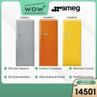 Smeg FAB28 Series Classic Fridge - Silver / Orange / Yellow, Inverter Electronic Control 50's Style 270L Refrigerator
