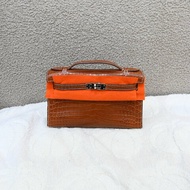 中古 Hermes 愛馬仕 Mini Kelly Pochette迷你凱莉手拿包 尼羅鱷鱷魚皮 霧面金色 鍍金五金PHW 方形的「J」刻印